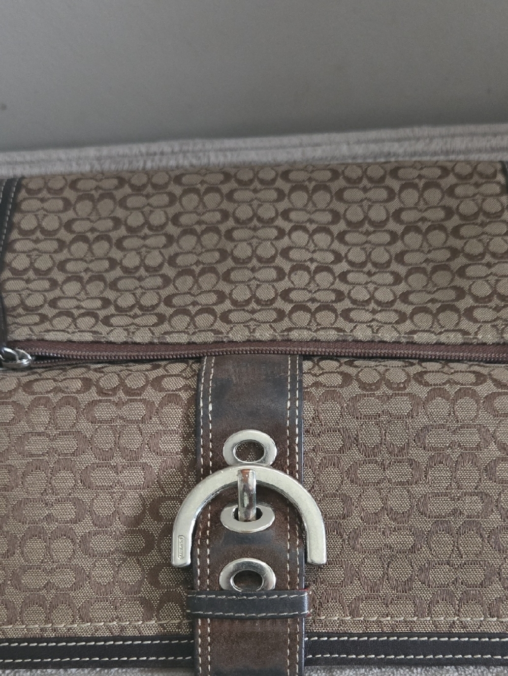 Brown Coach Monogram Canvas Wallet with Silver Hardware